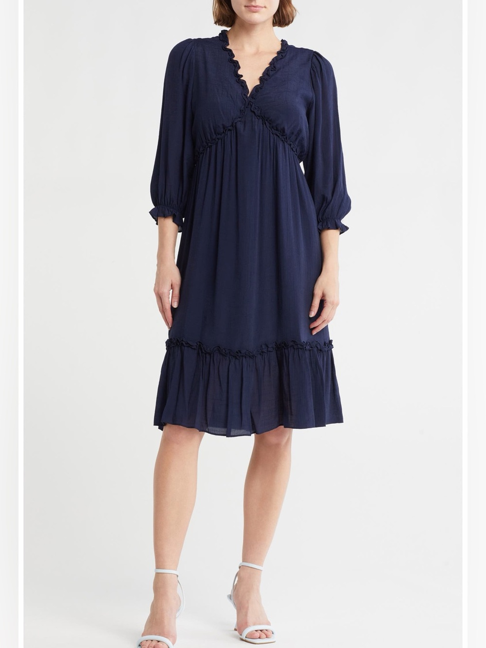 Nanette Lepore Navy Ruffled V-Neck Midi Dress